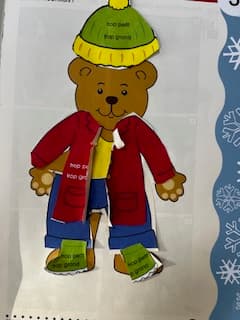Craft activity around French clothing vocabulary, used in a primary class in Weybridge.